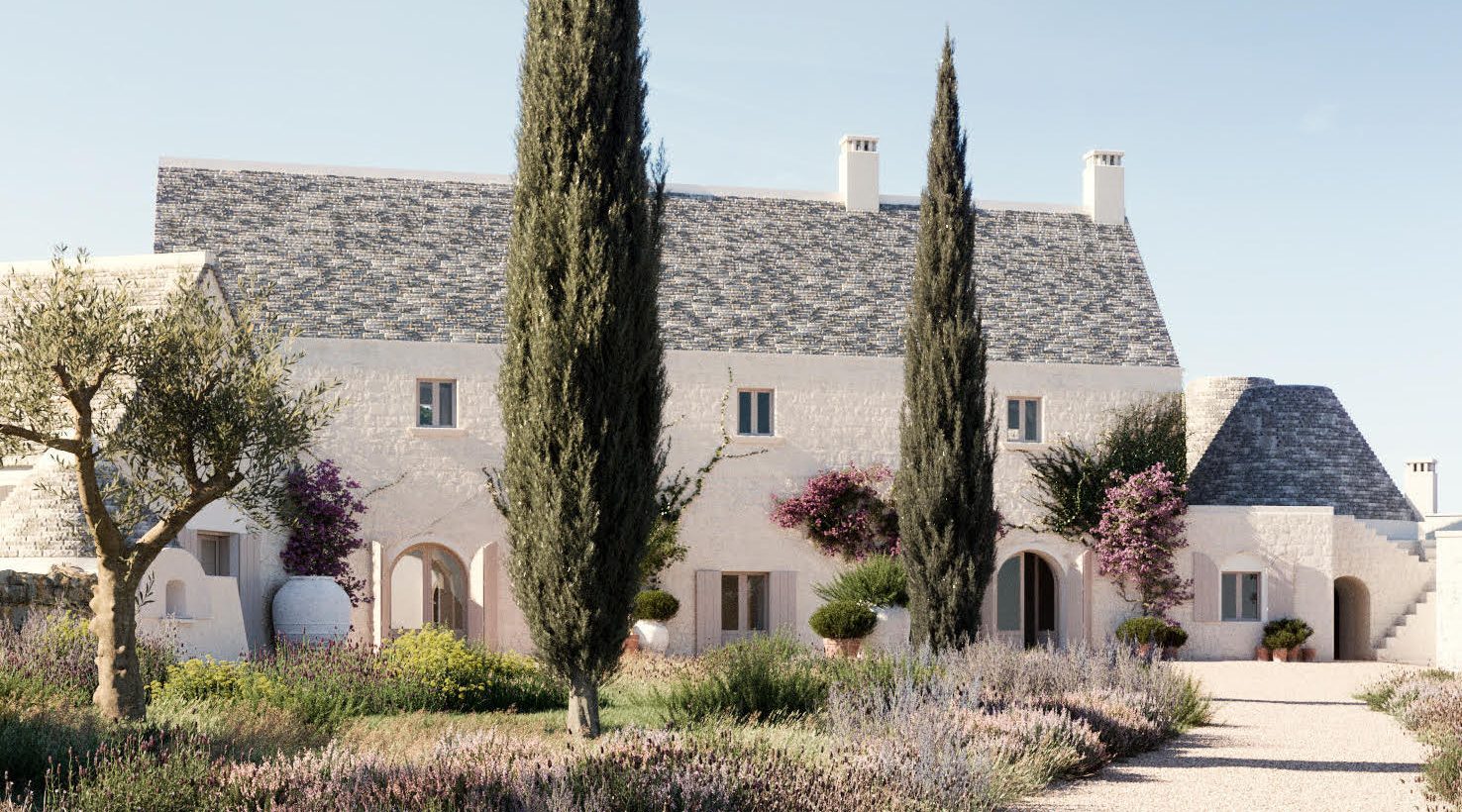 Historic facade and traditional cumersa roof of Masseria Pistola in Puglia